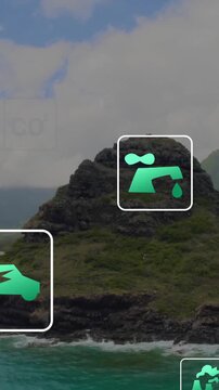 Animation of ecology icons over lake landscape