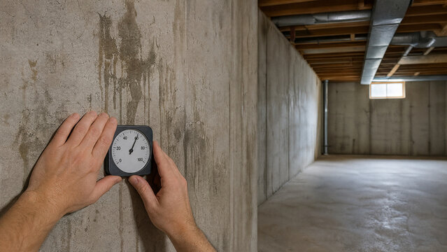 Hygrometer held against a damp basement wall