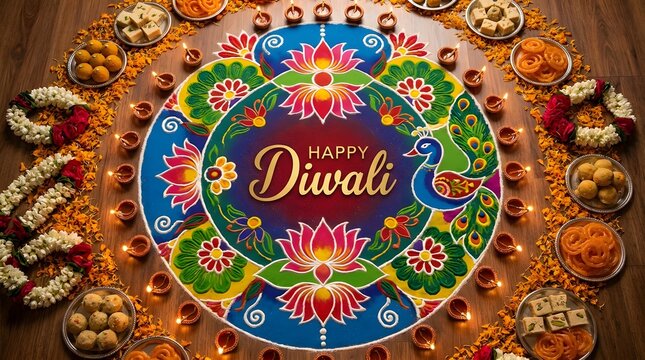 Happy diwali greeting rangoli on floor with peacock lotus flower motifs lit diyas sweets jalebi laddu and flower garlands