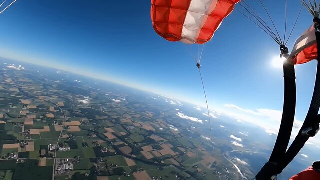 Paraglider flying over rural landscape with orange parachute canopy view