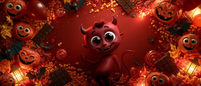 Cute Little Devil Surrounded by Halloween Candy and Pumpkins