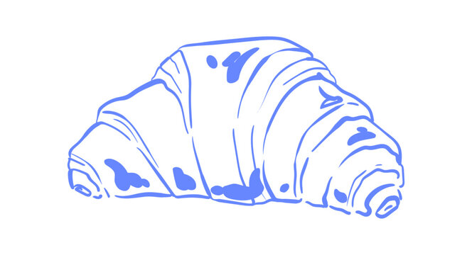 Minimalist french breakfast croissant art. Cute ink line cornetto sketch as morning food and bakery food icon. Whimsical blue pastry motif for cafe menu or restaurant card with cozy brunch vibe