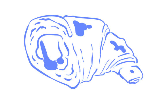 Cute whimsical croissant doodle outline. Mediterranean cornetto breakfast sketch with soft blue tone and simple dessert mood. Hand drawn bakery icon as playful food background for cafe menu or brunch