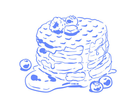 Cute pancake breakfast in whimsical blue line art. Hand drawn brunch food as playful dessert stack with butter and berries. Cozy cafe menu element and doodle icon for breakfast card or restaurant