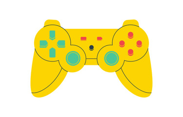 Retro flat game controller as yellow device with joystick and button elements. Video gamepad icon for gamer or console, ideal for vintage videogame themes and playful entertainment visuals. © Moonnoon