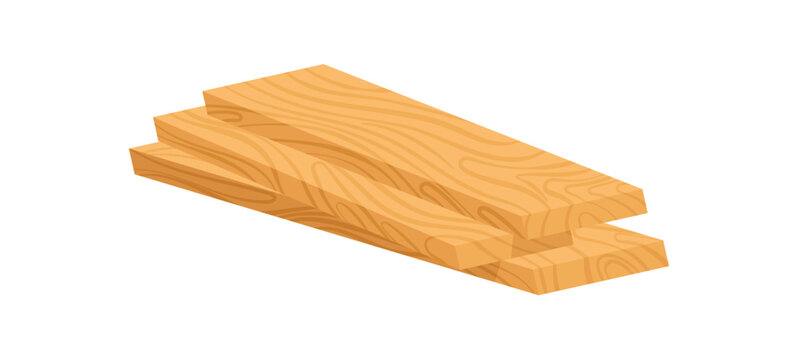Cartoon wood board stack in flat style sticker. Wooden plank pile as brown and yellow lumber with subtle grain texture. Simple timber board group as sticker for carpentry concept, construction label