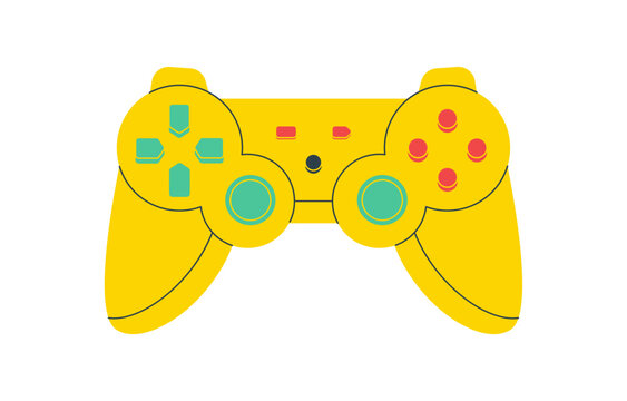 Retro flat game controller as yellow device with joystick and button elements. Video gamepad icon for gamer or console, ideal for vintage videogame themes and playful entertainment visuals.