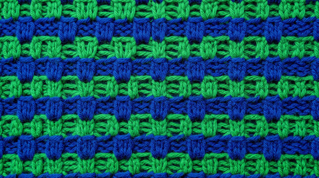 Blue and green knitted fabric with basket weave pattern against a plain background
