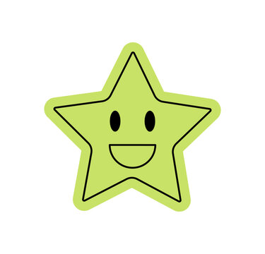 Cute happy star emoji with retro cartoon flat style and wide symbol smile, expressive eyes, y2k emoticon charm for vibrant and positive modern designs, yellow color, stock element.