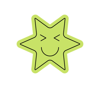Cute green star cartoon sticker in flat y2k retro style. Happy emoji with smiling eyes and trendy character vibe, positive element for fun and cool projects. Unique smile shape star in retro