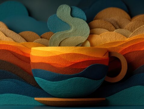 Whimsical paper art depiction of a coffee cup with colorful layered design and rising steam
