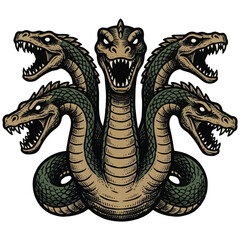 Fototapeta premium Five Headed Mythical Hydra Snake Illustration with Vintage Engraving Style Graphic Design