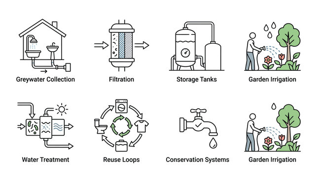 Greywater recycling process vector graphic illustration showing plumbing filtration tanks and sustainable irrigation system design components