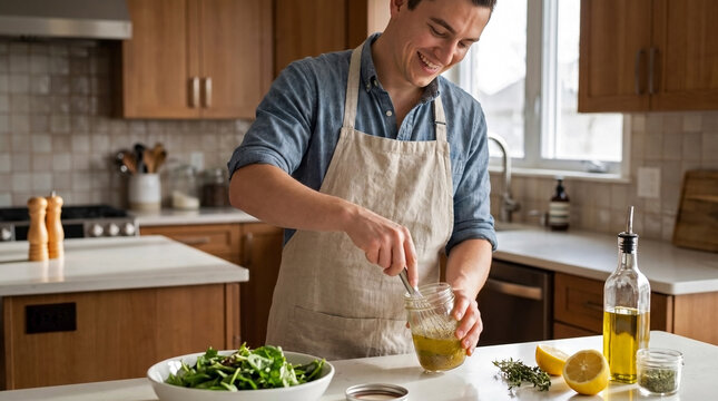 Smiling young adult mixing salad dressing in modern kitchen, preparing healthy meal with fresh greens. Person creates homemade dressing, young adult mixing salad dressing with olive oil, lemon.
