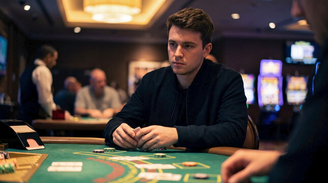 Young adult at blackjack table in casino, focused male player holds gaming chips, engaging in strategic card game. Scene captures excitement of blackjack table play for entertainment, chance