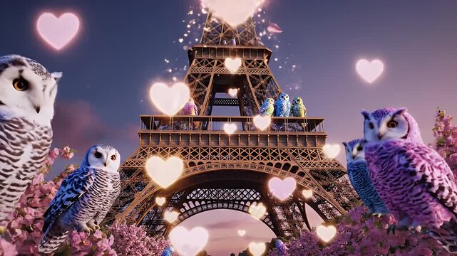 Romantic Paris Scene Featuring the Eiffel Tower Framed by Pink Blossoms and Dreamy Heart Bokeh