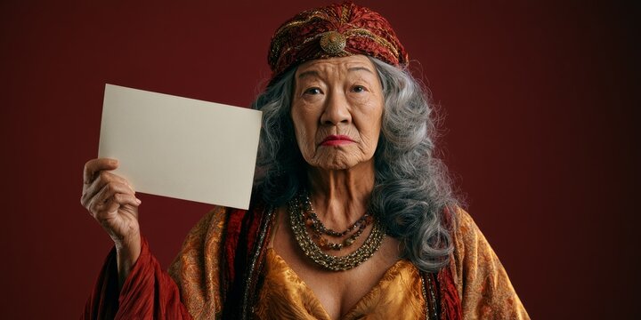 Serious Fortune Teller Woman Holding Blank Advertising Sign