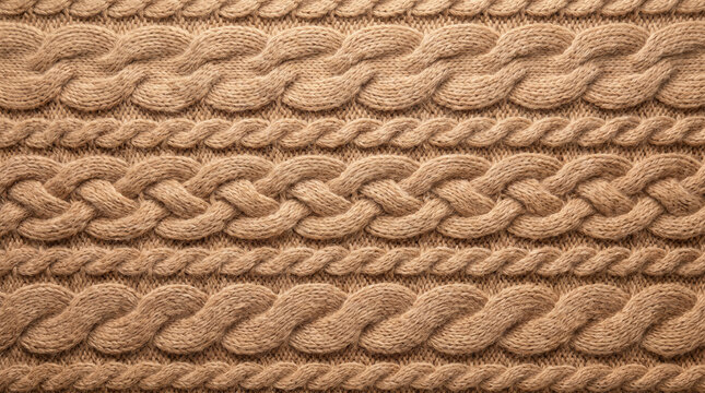 Close-up textile texture with braided cable knit patterns in warm neutral tones