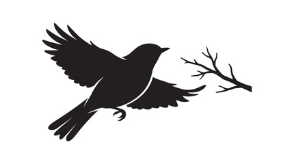 Obraz premium A bird carrying a branch is depicted in a black silhouette