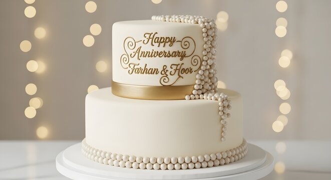 Elegant Farhan & Heena Anniversary Cake with Pearl Cascade
Luxury Two-Tier White Anniversary Cake with Gold Script
Farhan & Heena Gold Lettering Anniversary Celebration Cake