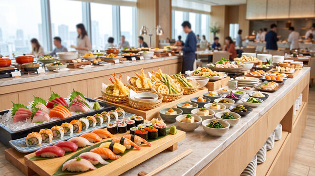 Japanese hotel buffet line with fresh sushi sashimi and tempura
