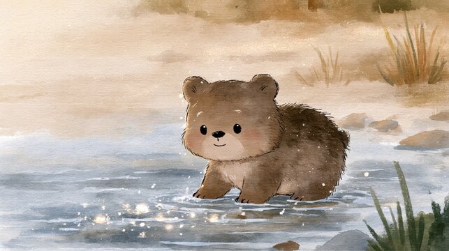 Growth and continuous learning with a cute watercolor bear cub standing in shimmering shallow water