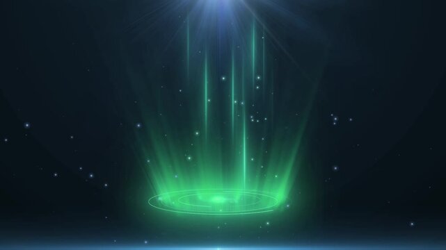 Green energy vortex pulsates with light shafts and floating particles on a dark, textured surface with a subtle lens flare effect.