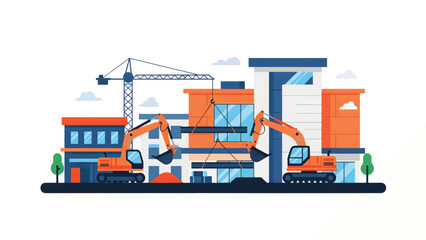 Naklejka premium Construction Excavators Building Residential Complex