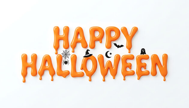 Happy halloween text with melting orange letters and cute spooky icons for holiday design isolated on white background