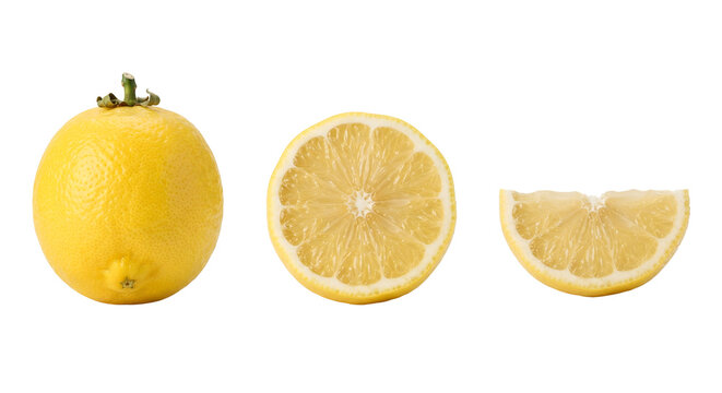 Fresh whole half and slice of yellow lemon isolated on transparent background
