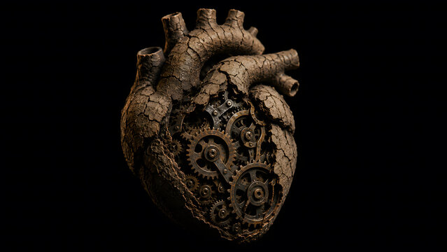 Anatomical human heart made of cracked clay opening to reveal metallic mechanical gears and cogs inside