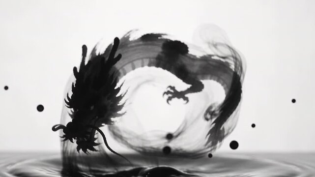 Black ink drop in water blooms into a Japanese dragon coiling in a circle, sumi-e ink wash painting style, white background