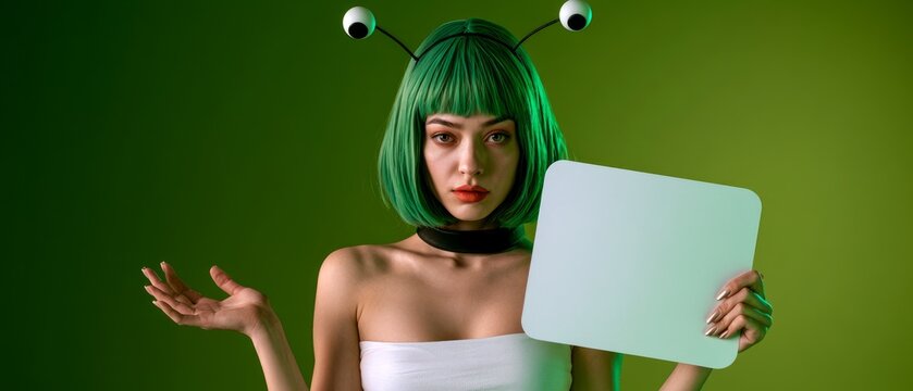 Confused Alien Woman Holding Blank Halloween Advertising Sign