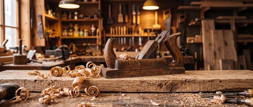 Vintage wooden hand plane and shavings on workbench in rustic carpentry workshop, concept of woodworking craftsmanship