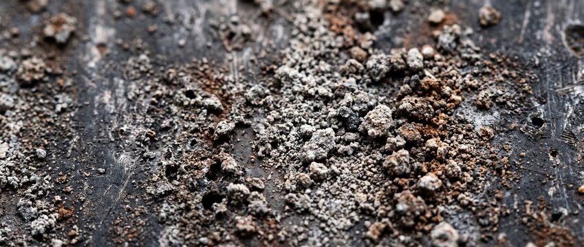 Macro view of metallic slag and powder residue resting on a dark steel surface after industrial welding and manufacturing processes