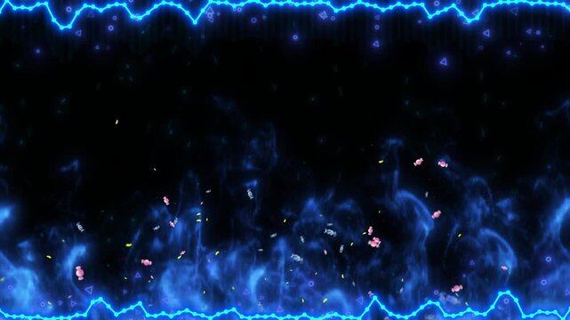 Energetic blue frame showcases pulsating lightning-like waves bordering a central field of ethereal blue smoke and floating pink and yellow particles, creating a dynamic abstract background.