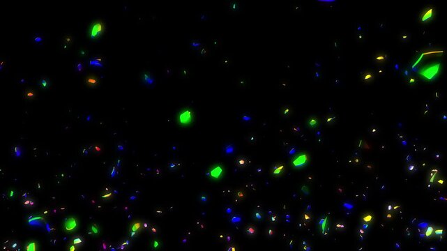 Vibrant holographic shards and colorful glass particles scattering across a dark transparent background.