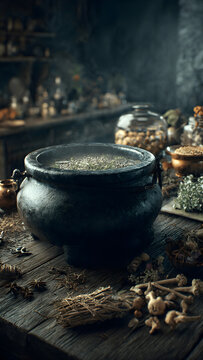 Spooky Halloween Witch Kitchen with Cauldron Potion Ingredients and Dried Herbs