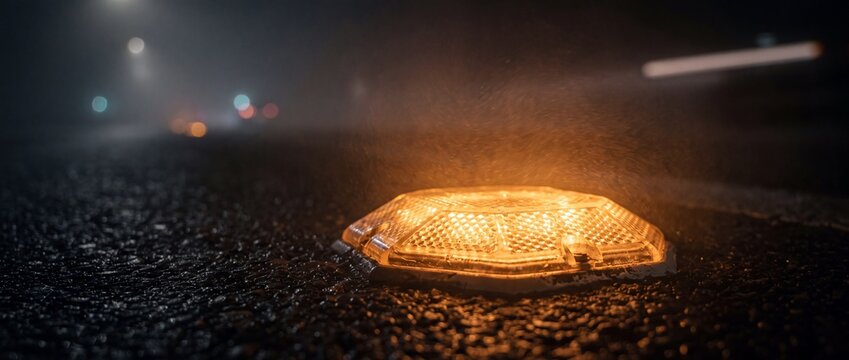 Glowing yellow road stud light reflecting on wet asphalt surface during dark rainy night conditions for traffic safety and guidance