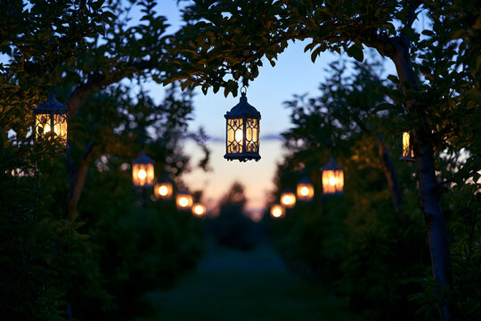Warm glowing lanterns hang from trees in an orchard at twilight, creating a serene and enchanting atmosphere.