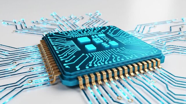 Blue glowing microchip and digital circuit connections on a white background