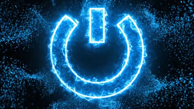 Blue glowing power button icon with electric energy effect on black background