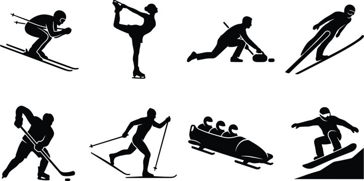 Black silhouettes of winter sports including skiing, skating, curling, hockey, bobsledding, snowboarding, and ski jumping activities