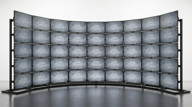 Curved video wall displaying static noise on multiple screens in a dark studio