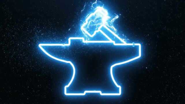 Blue neon anvil and hammer outline glowing on dark digital background