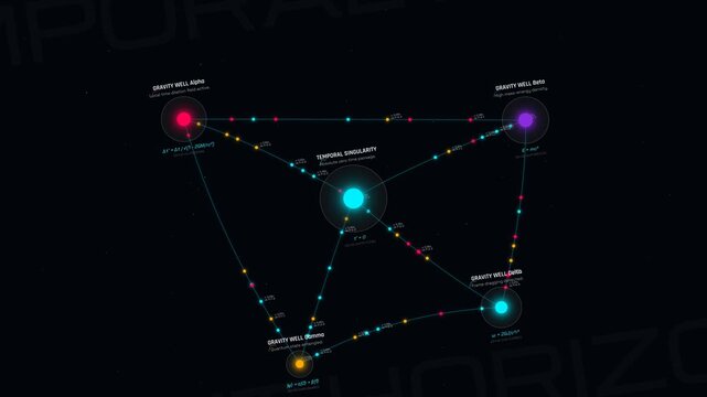 Futuristic temporal matrix and event horizon diagram showing time dilation, gravity wells, and temporal singularity concepts with physics equations and glowing orbital network nodes
