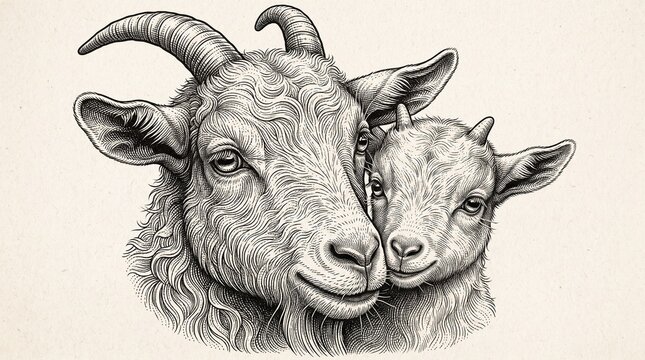 Gentle Goat Bonding in Sketch Art.