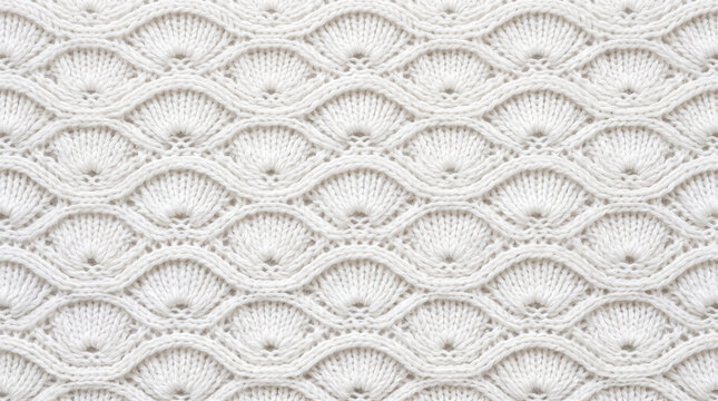 Delicate white knitted fabric with a repeating seashell stitch pattern illuminated by soft studio light