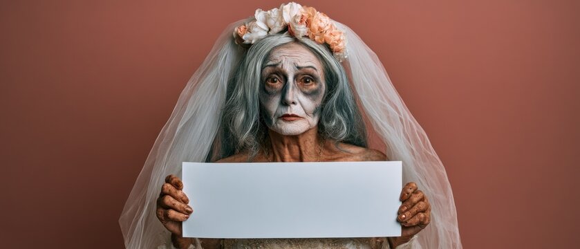 Worried Undead Bride Holding Blank Halloween Advertising Sign