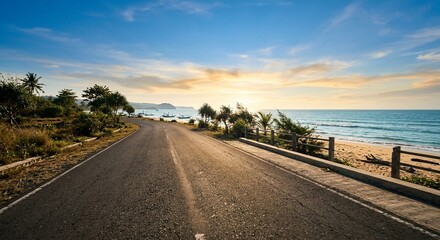 Naklejka premium Asphalt Coastal Road Along Tropical Beach at Sunset